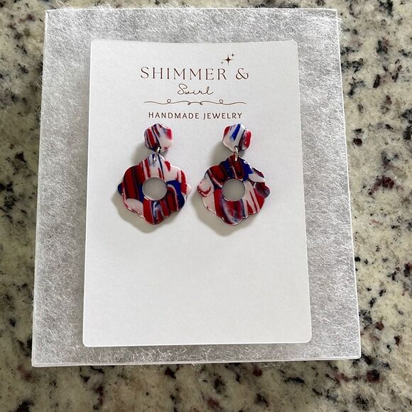 Handmade Polymer Clay Dangle Earrings Lightweight, Patriotic, Red white blue - Picture 2 of 3